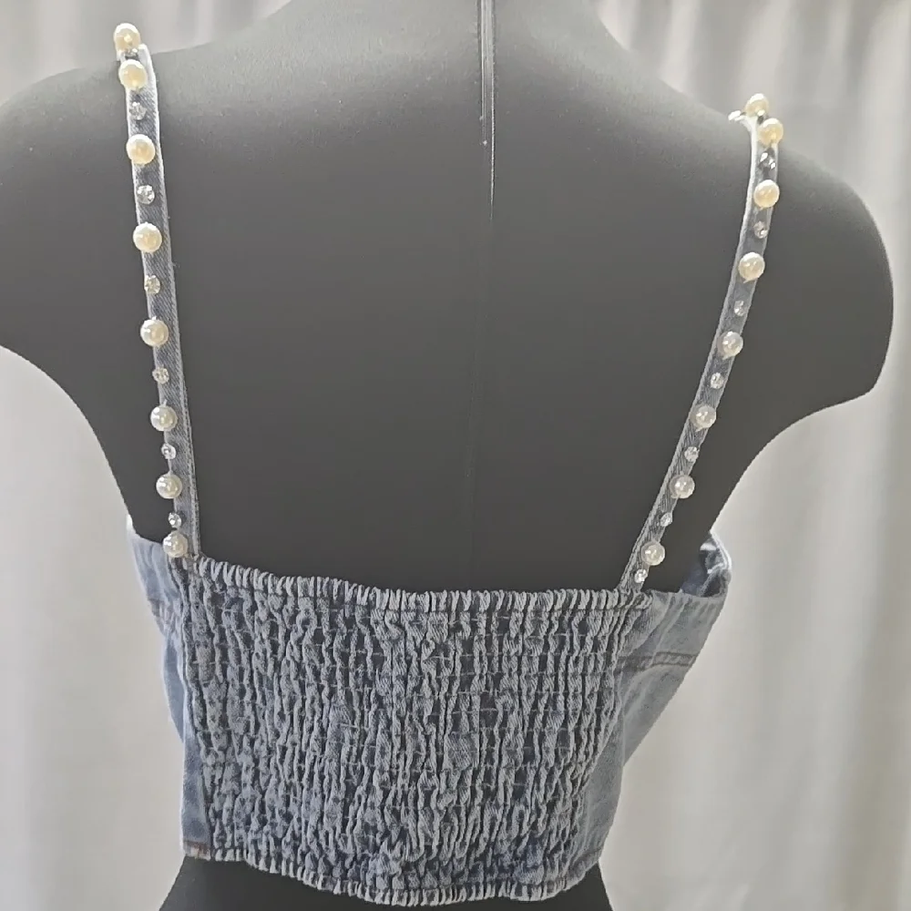 La'Rose Embellished Crystals Stones  Pearls Denim Crop Top Size Large - Picture 7 of 11